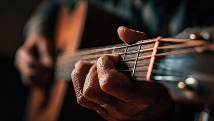 Fototapeta premium Close-up of weathered hands strumming an acoustic guitar, focused on strings and frets