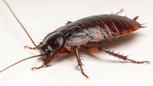 Macro studio portrait of a glossy, dark Oriental Cockroach (Blatta orientalis) isolated on a clean white background.