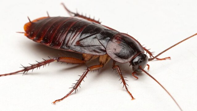 Macro studio portrait of a glossy, dark Oriental Cockroach (Blatta orientalis) isolated on a clean white background.