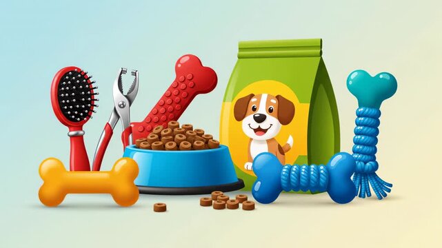 Dog food toys and grooming equipment illustration with food bowl and treats for pet care
