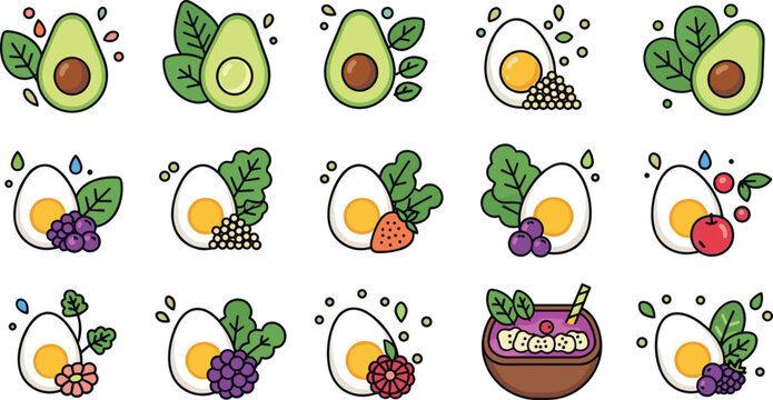 Healthy breakfast food icons vector set with avocado eggs fruits and grains nutrition organic diet meal illustration collection isolated background