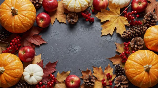 Autumn harvest arrangement of pumpkins, apples, leaves, pinecones, and berries