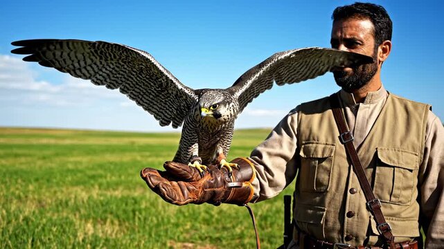 Falcon perched on falconers glove against blue sky and green fields with outspread wings nature wildlife and falconry