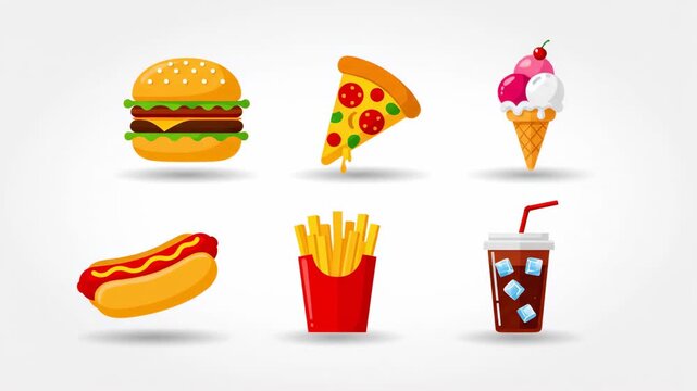 Fast food icon set illustration burger pizza ice cream hotdog fries drink with modern design on white background