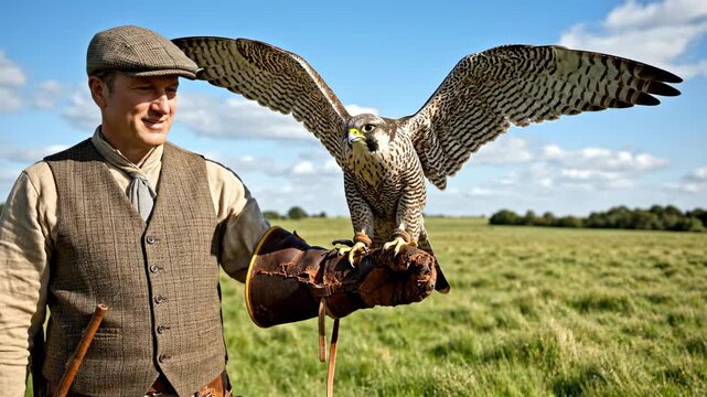 Falconer holding a majestic peregrine falcon with open wings on a sunny day in the countryside