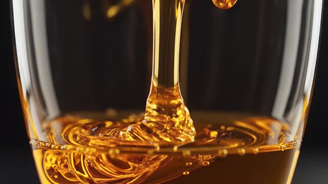 Golden liquid streams into a glass, forming rippling waves