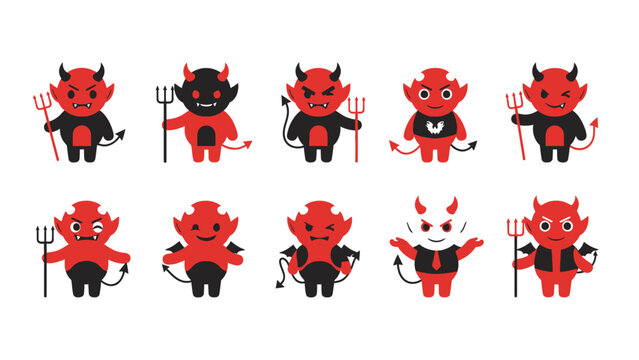 Set of cute cartoon devil characters with various expressions and poses.