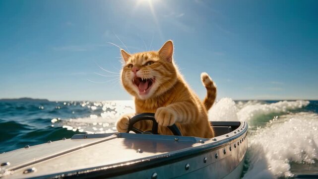 Playful ginger cat standing behind steering wheel of small speedboat while racing across sunny sea with splashing waves. Humorous adventure concept with animal captain and summer fun.