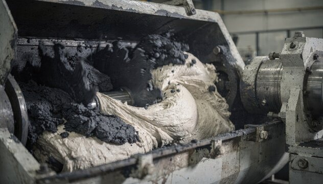 Medium shot footage of internal mixers blending carbon black into synthetic rubber for highload compounding showing intensive filler dispersion and thickening rubber texture.