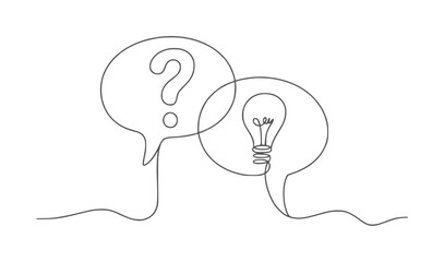 Black and white line of a question mark in a speech bubble and a lightbulb in another