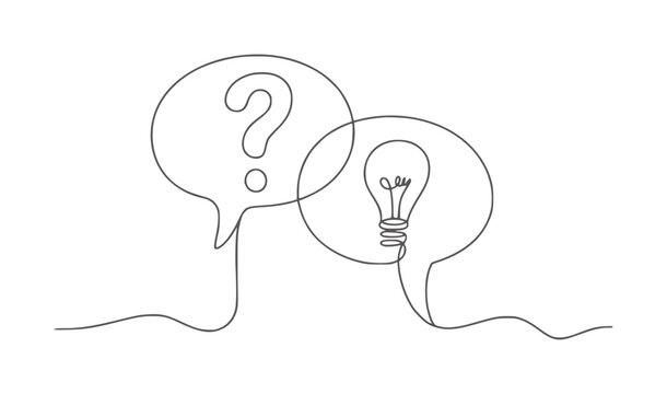 Black and white line of a question mark in a speech bubble and a lightbulb in another
