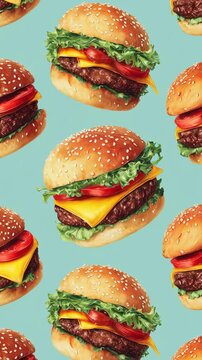 Seamless burger pattern cheeseburger sandwich fast food background playful food pattern seamless