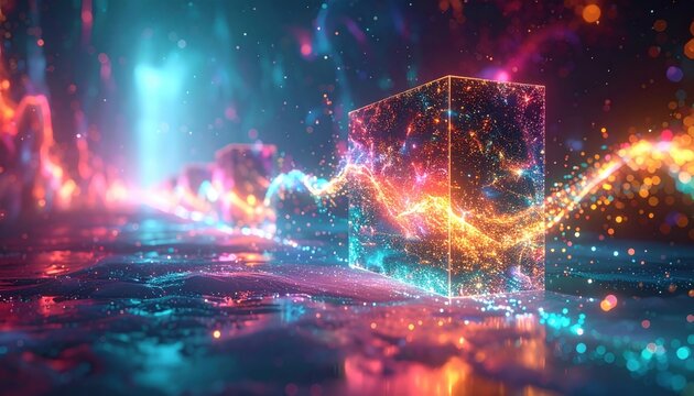 Vibrant Quantum Tunneling Effect Illustrated by Glowing Particles Phasing Through a Geometric Structure in a Cosmic Nebula