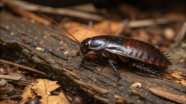 Macro photograph of a glossy black Oriental Cockroach (Blatta orientalis) crawling on damp decaying leaves in its natural habitat.
