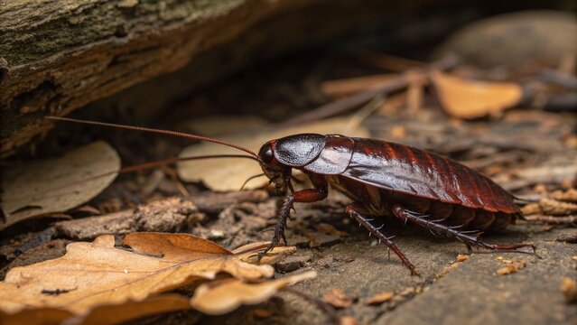 Macro photograph of a glossy black Oriental Cockroach (Blatta orientalis) crawling on damp decaying leaves in its natural habitat.