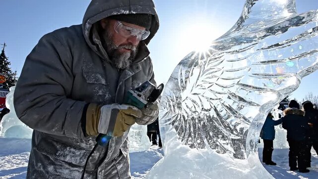 Ice sculptor at work creating eagle sculpture with power tool in winter event under bright sunlight