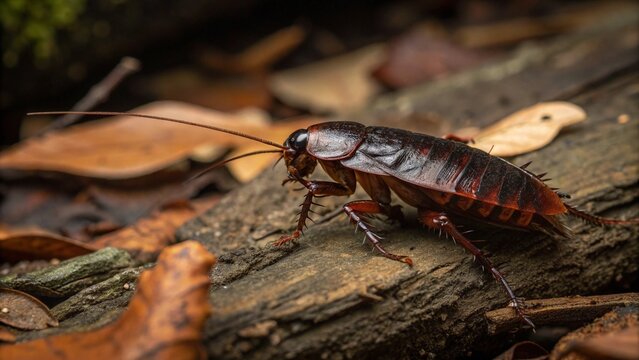 Macro photograph of a glossy black Oriental Cockroach (Blatta orientalis) crawling on damp decaying leaves in its natural habitat.