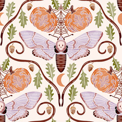 Cotton fabric Moody Gothic Halloween Skull Moth and Damask Pumpkin Watercolor Seamless Pattern with Oak Leaves and Crescent Moons for Autumn Textiles and Wallpaper