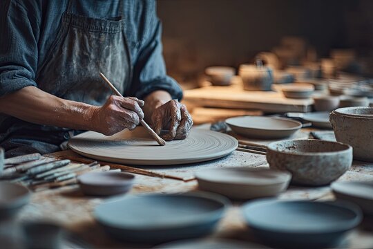 Artist hands skillfully shape clay on a pottery wheel, surrounded by finished wares