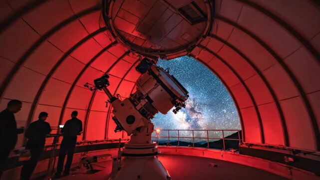 Inside an observatory viewing the night sky and milky way with a large telescope and researchers