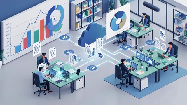 Isometric office with cloud data analysis and business growth strategy digital data flow in bright open workspace