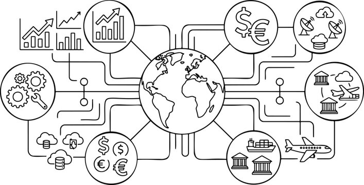 Line art vector of global business network, international trade and digital connectivity