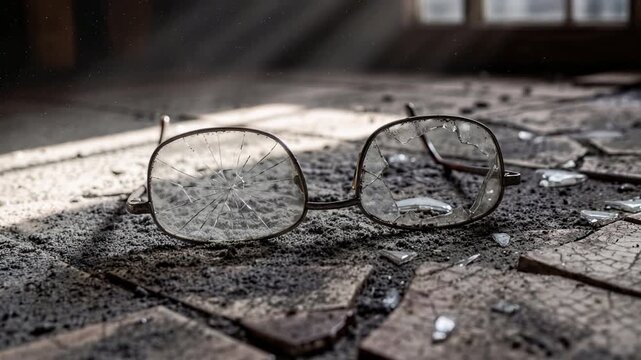 Broken glasses lie on cracked, dusty floor. Sunlight streams through broken window, casting sharp shadows. Glass shards scatter around the frame, hinting at recent impact