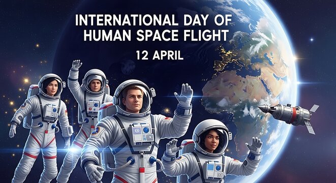 International Day of Human Space Flight 12 April Astronauts in Space with Earth and Spaceship.
