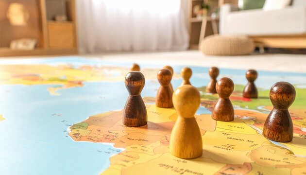 Wooden game tokens representing global territories and strategic influence on a world map.