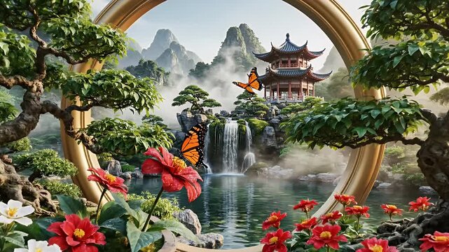 Exquisite Chinese Garden Scene Framed by Two Circular Wooden Rings With Waterfall and Pavilion