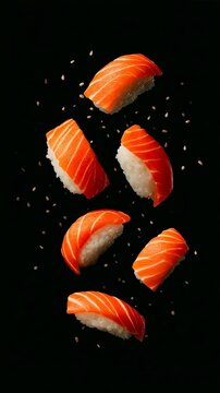 Sushi salmon nigiri rice sesame seed flying sushi nigiri salmon rice sesame on black background