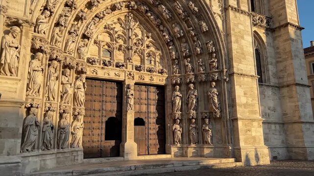 Magnificent ornate gothic cathedral entrance with stone carvings and grand wooden doors in beautiful sunlight architecture and religious symbolism