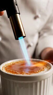 Chef uses torch to achieve caramelization of sugar on dessert, close-up kitchen studio view of creamy custard in ramekin