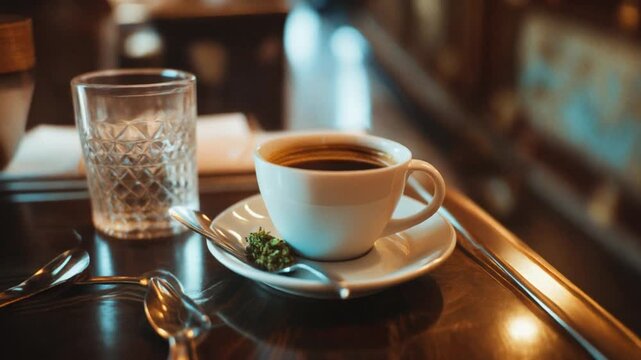 Coffee cup and water glass on table in soft natural light