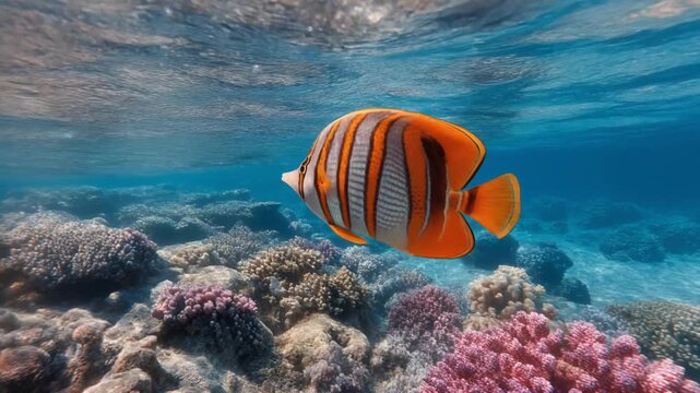 Colorful fish swimming over coral reef in clear blue ocean waters