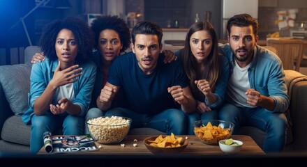 Group of friends watching football match on television at home. Excited team of men and woman cheering during live sport game. Casual leisure activity with snacks in living room setting.