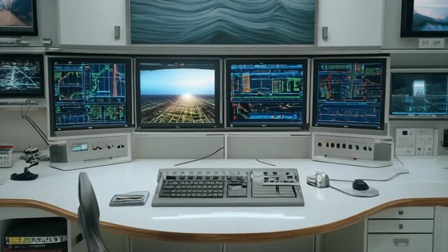 Control room interior with computer screens and operational equipment