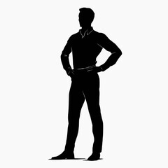 Obraz premium black silhouette of confident leader standing with hands on hips, dominant person with assertive posture, minimalist flat vector illustration isolated on white background