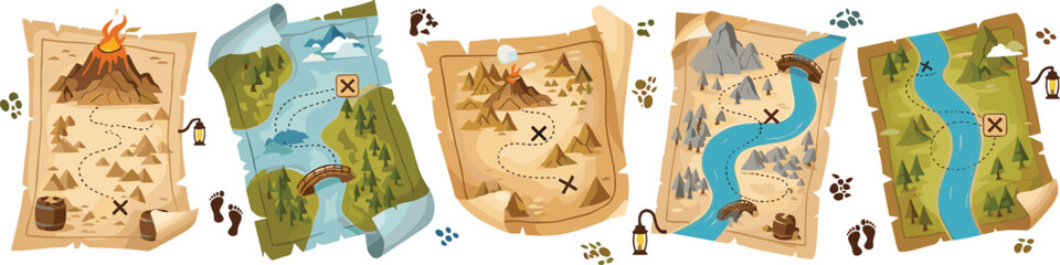 Vintage pirate treasure map vector set with parchment scroll islands mountains rivers path marks lantern footprints fantasy adventure navigation illustration collection isolated background © Aminul