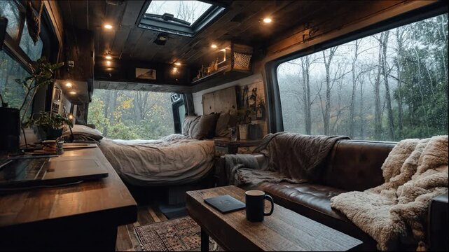 Cozy van interior with wooden features and soft furnishings natural light