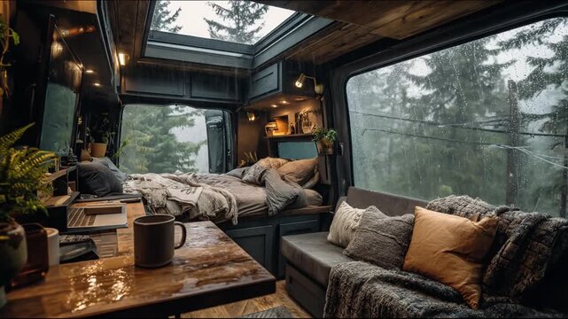 Cozy van interior with bed couch and window overlooking a forest