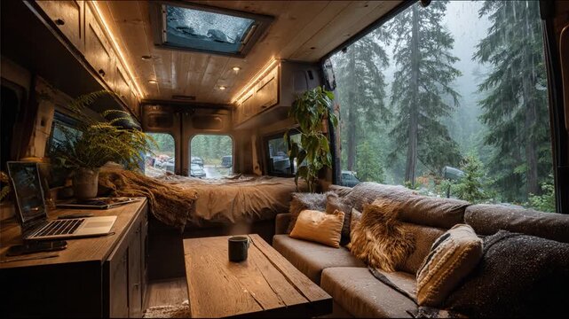 Cozy van interior with wooden features and forest view during the daytime