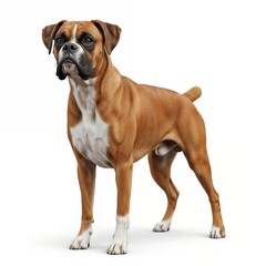Obraz premium Boxer dog standing upright against a white background, showcasing its muscular build and alert expression