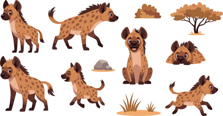 Obraz premium Cute Cartoon Hyena Character Set with Savannah Tree Grass Rock Vector Illustration