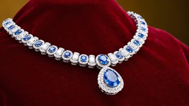Luxury Blue Diamond Necklace Displayed.