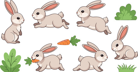 Obraz premium Cute Cartoon Rabbit Character Set with Carrot Bush Grass Vector Illustration