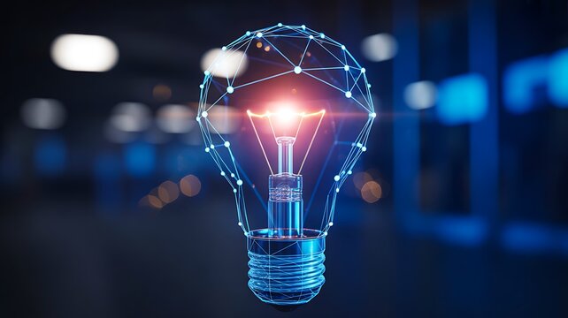 Creative glowing light bulb innovation idea concept with digital network