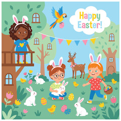 Fototapeta premium Happy easter cartoon banner with children and spring animals