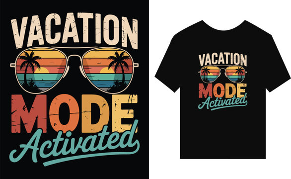 Vacation mode activated sunglasses t-shirt with sunset