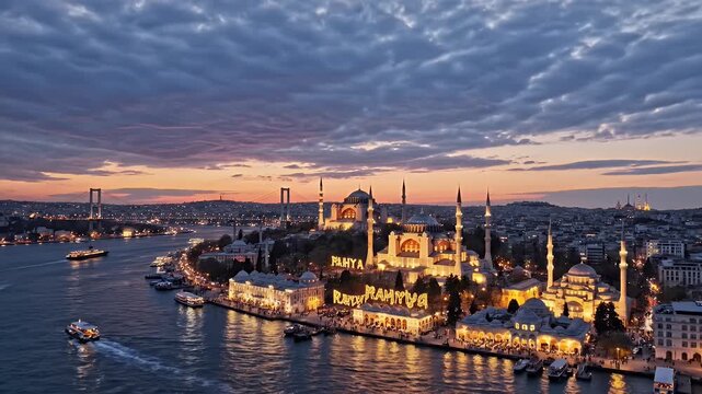 Golden-lit Istanbul Skyline Along the Bosphorus at Sunset with Historic Mosques and Minarets